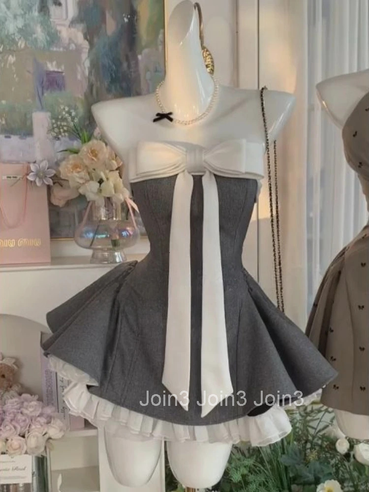 Summer New Vintage Elegant Woman Dress Strapless Bow Patchwork High Waist Puffy Mini Dress Female French Chic Sexy Outfits