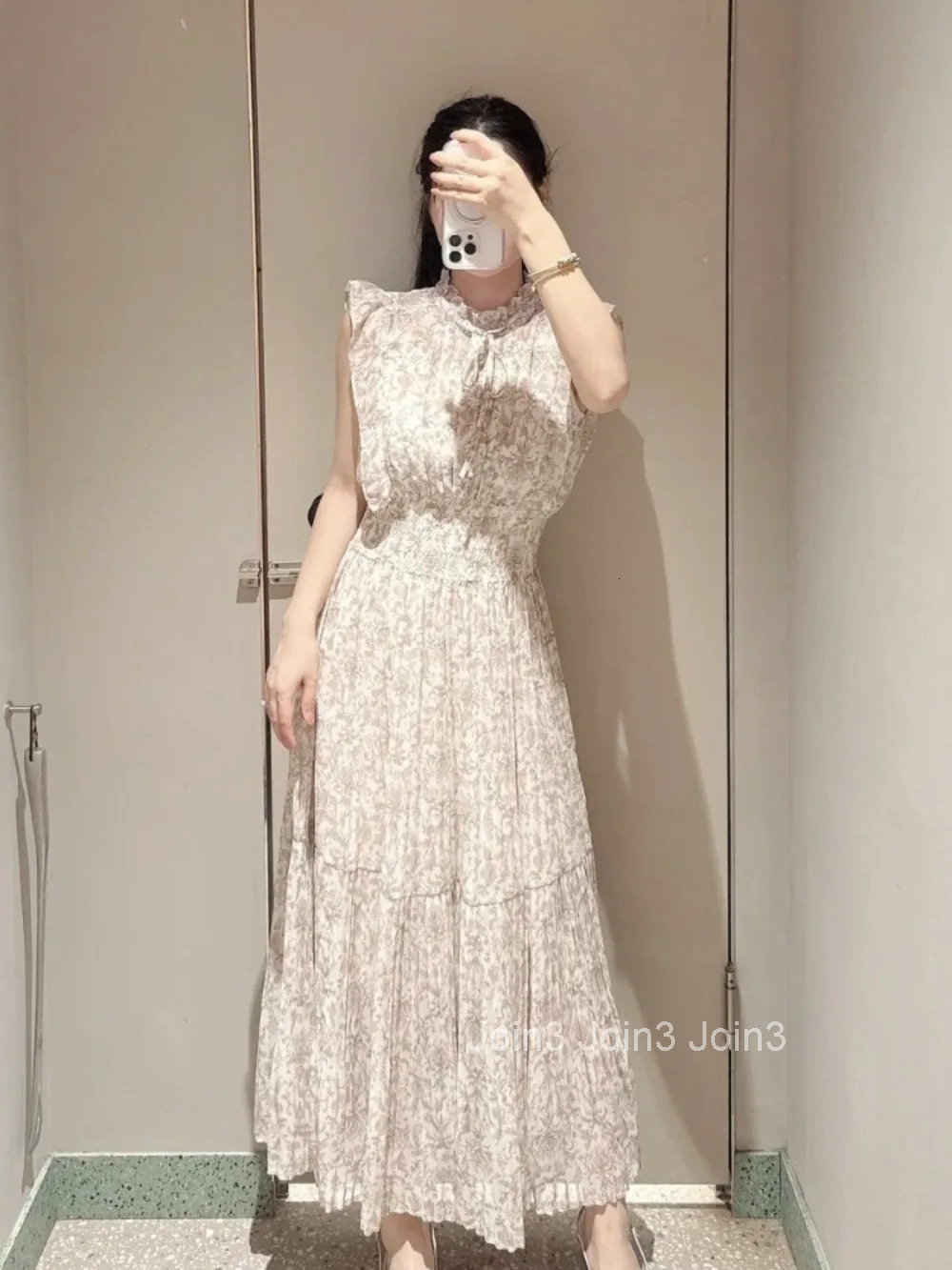 Fresh Mid-length Print High Waist Robe New Gentle Literary Lace Up Pleated Slim Exquisite Mujer Japan New Elegant Dress