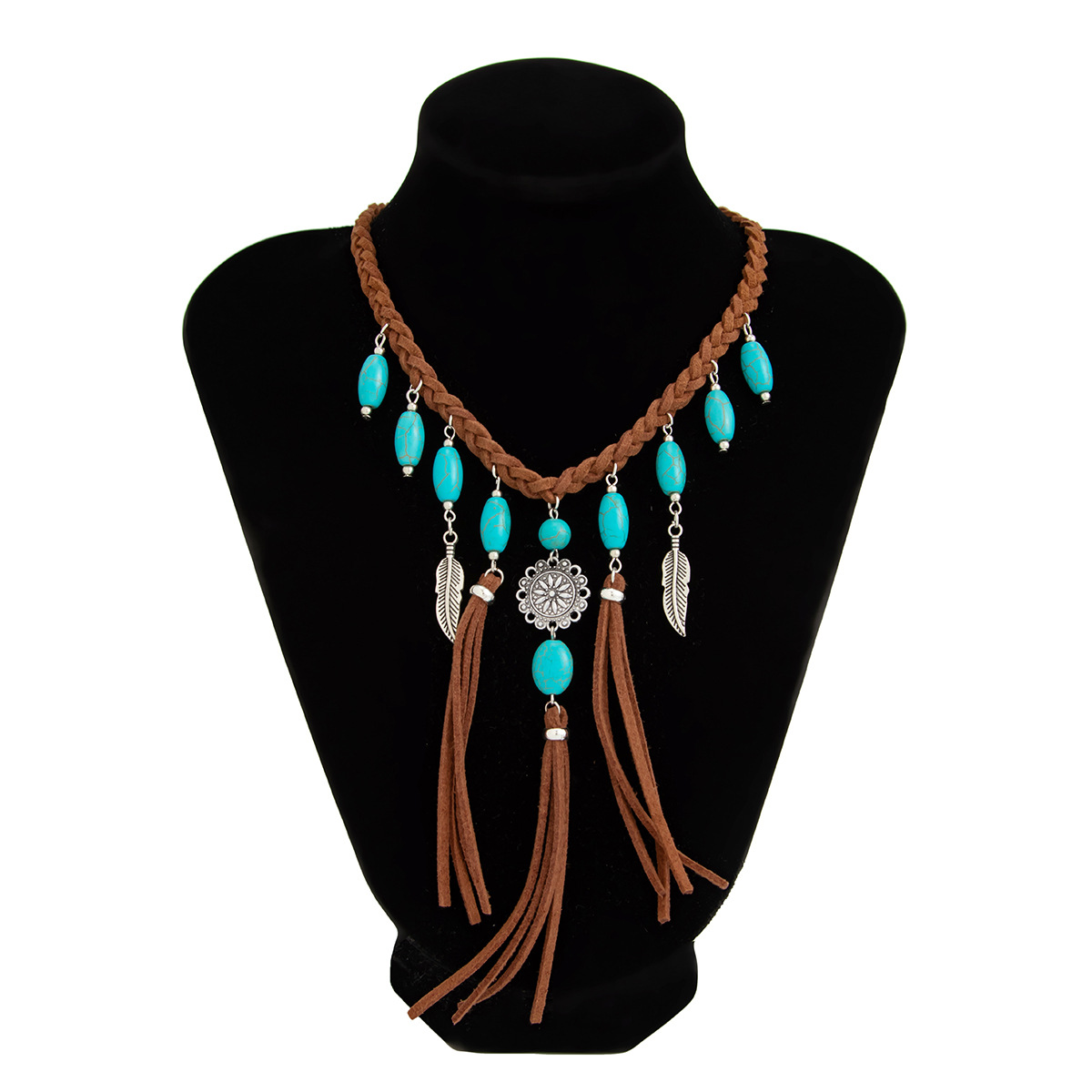 Bohemian Beaded Fringe Necklace Handwoven Suede Choker with Turquoise Pendant for Women