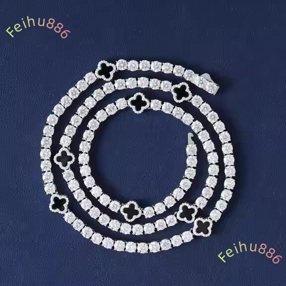 Fast Shipping VVS Moissanite S925 Solid 925 Sterling Silver Four Leaf Clover Tennis Link Chain Bracelet Hip Hop Necklace