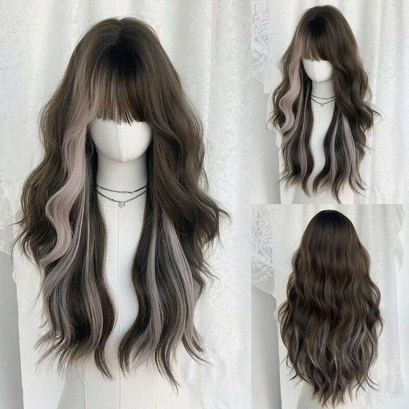New Fashion Wig, Long Curly Hair, Brown Highlighting, Pink Gray Hair Set, Female Wig