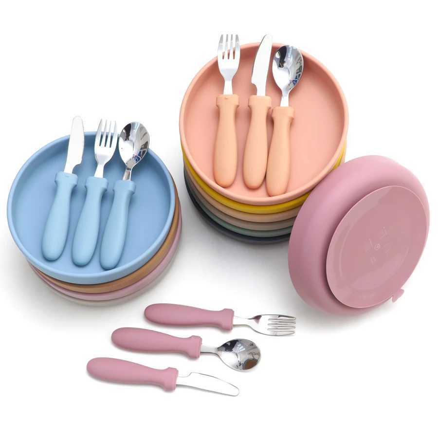 BPA Free Silicone Childrens Tableware Baby Feeding Dishes Plate With Sucker Bowl Infant Training Knife Fork Spoon Baby Stuff X250806