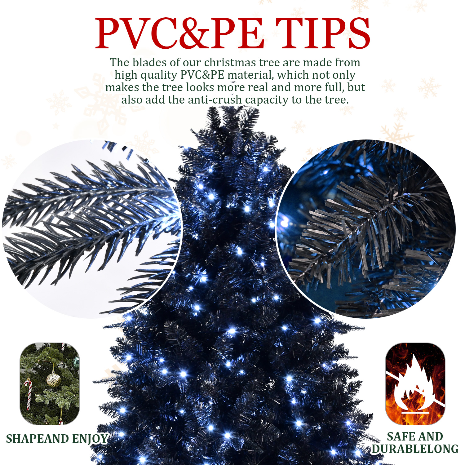 Black Christmas tree quality PE/PVC mixed tips with white led, Pre-lit design, saff and durableloe, Halloween decorations, 4-9ft