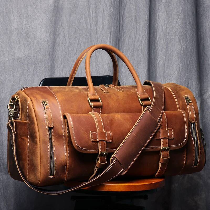 MUNUKI Vintage Crazy Horse Genuine Travel Lage men Leather duffle bag Large Weekend Bag Tote Big high-quality