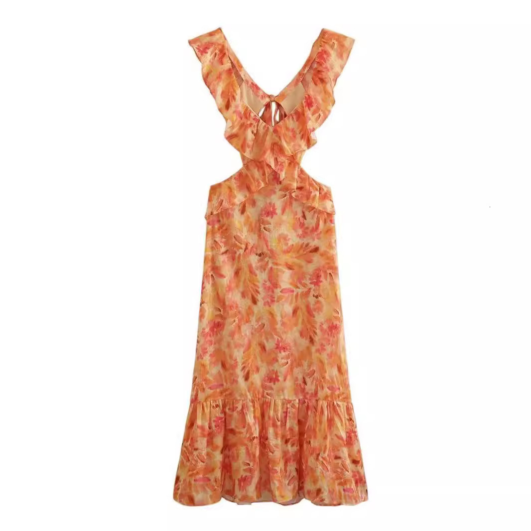 2025 summer lace up dress, summer new fashion design, niche cross pleated printed long skirt, women's new designer dress