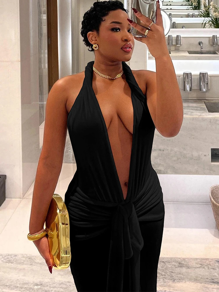 Weird Puss Peach Buttocks Sexy Dress Women Halter 2025 Summer Sexy Thin Y2K Backless V-Neck Knot Ribbon Birthday Party Vestidos 250806