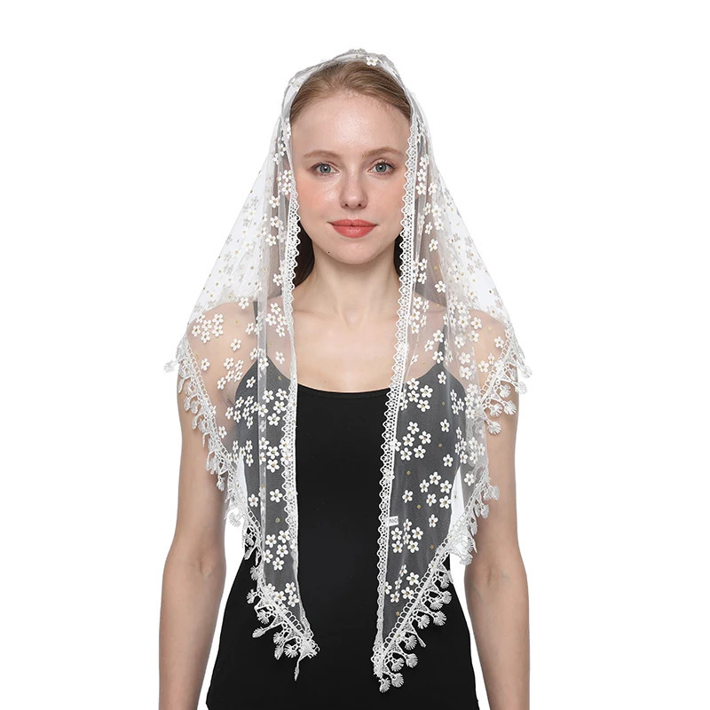 Fashion Church Shawl Lace Veil Polyester Scarf Bandana Church Prayer Wedding Mantilla Chapel White Embroidered Hijab Women Scarf 250806