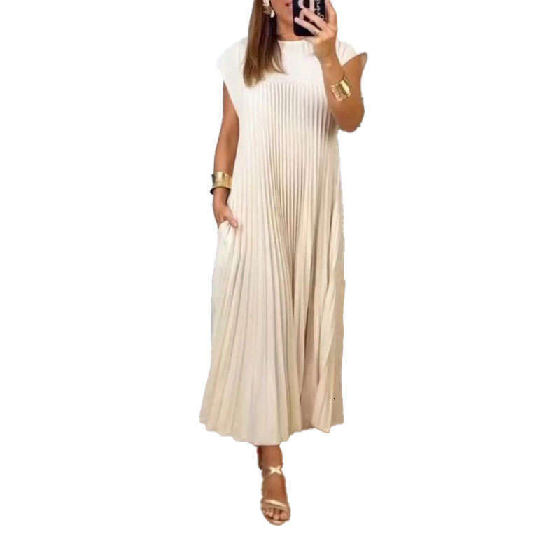 Women's Fashion New Long Fashionable Sexy Solid Color Round Neck Pleated Flared Dress B5