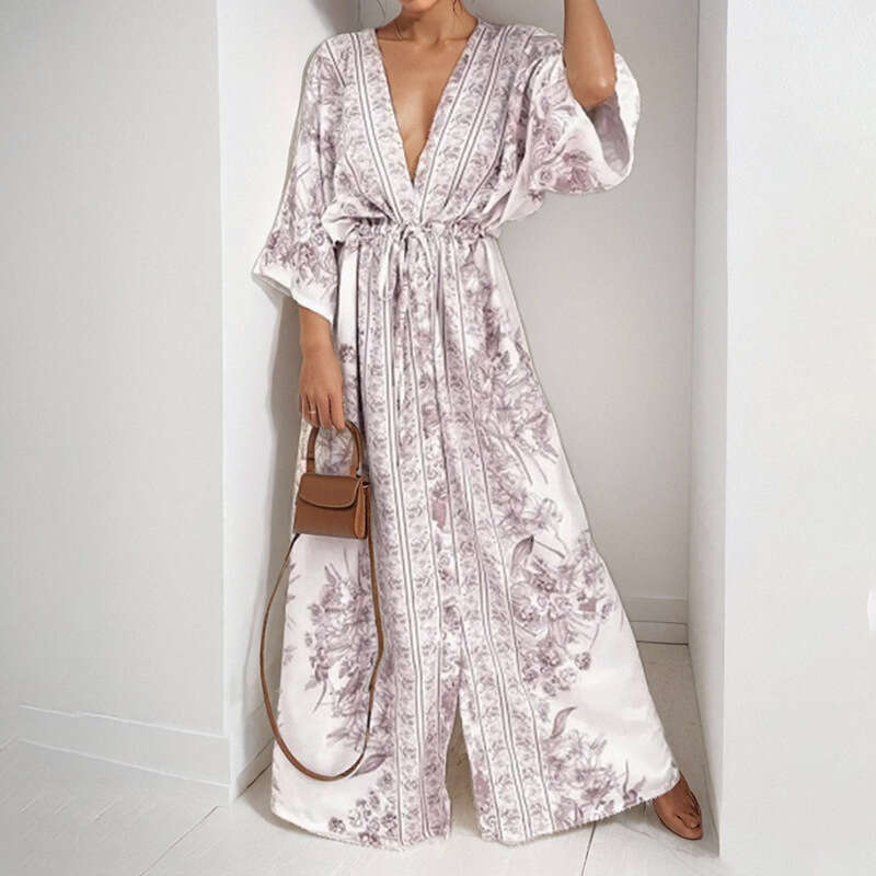 Women's V-Neck Loose Fit Fashionable Versatile Spring Dress B5