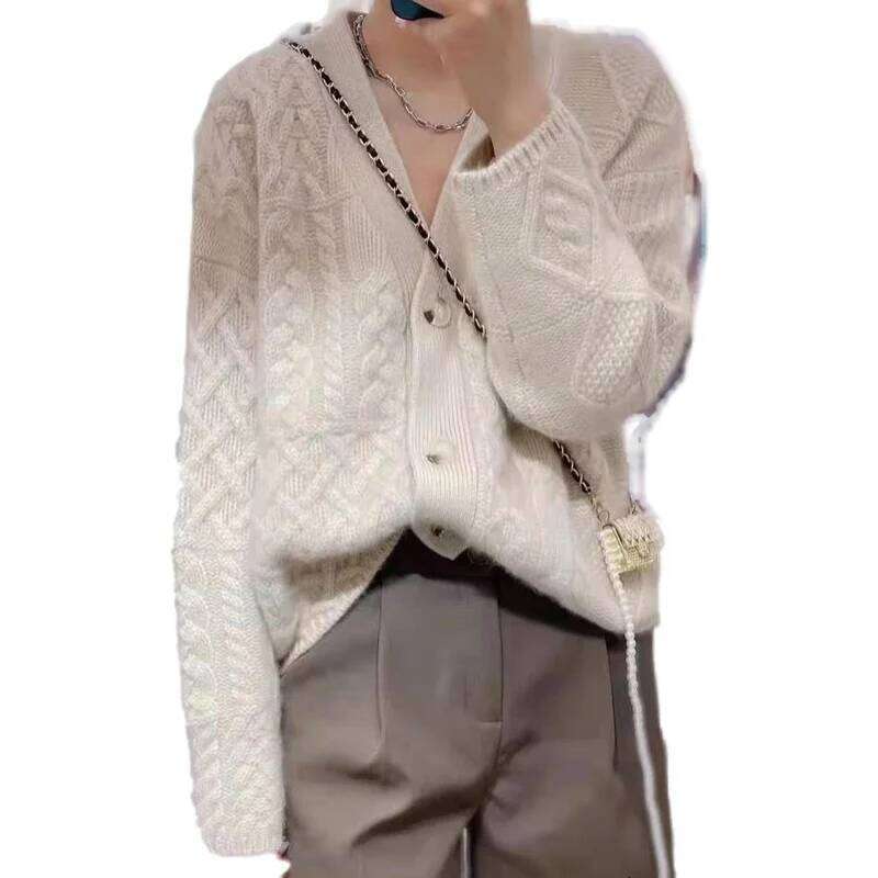Heavy Thick Twist Flower V-Neck Cashmere Knitted Cardigan Women Autumn And Winter Lazy Loose Every Sweater Overcoat 250806