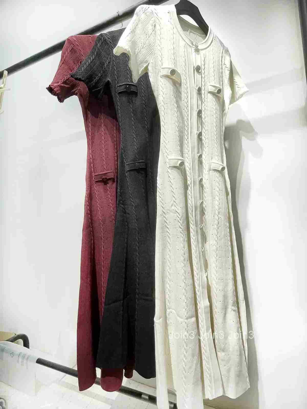 Women O-Neck White Knit Thread Mid-Length Dress Summer New Elegant Lady Ruffled Sleeve Single Breasted Slim Long Robe