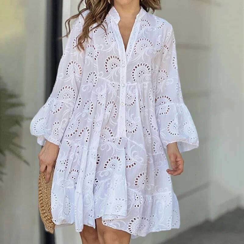 Designer Clothing 2025 Summer Elegant Vintage Solid Lace Dress V-Neck Loose Hollow Out Pattern Embroidery Vestidos Women Beach Sexy Mini White Dresses