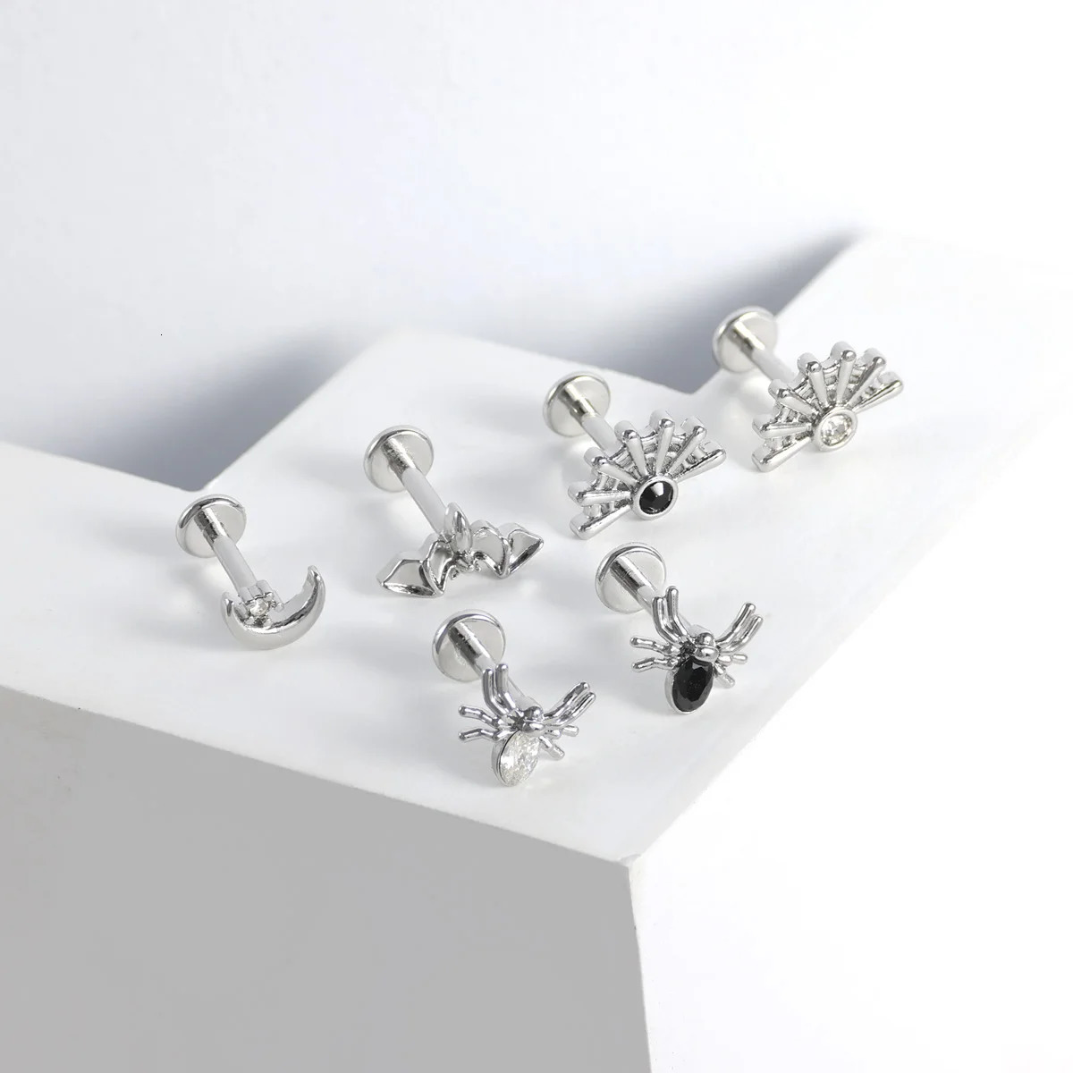 1pc Stainless Steel Rhinestone Lip Stud Crescent Pendant Cross Spider Fan Cartilage flat back Ear Stud Tragus Piercing Earrings 250805