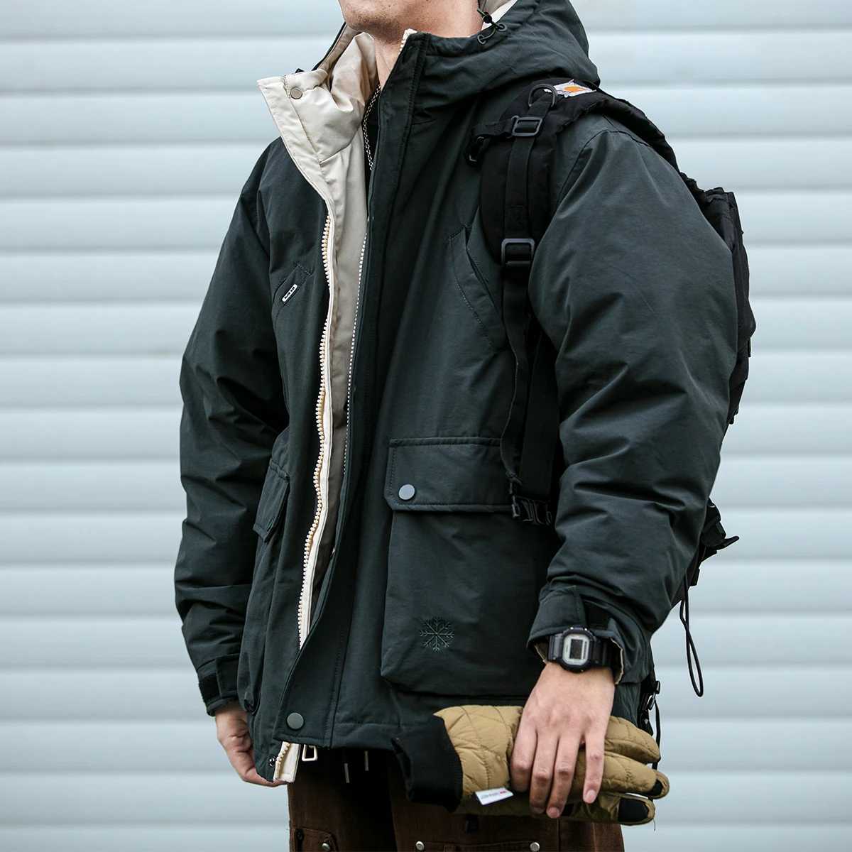 Winter Outdoor Hooded Cargo Down Jacket For Men Clothing Korean Streetwear Thick Windproof Jacket Harajuku Casual Coat Male W250806