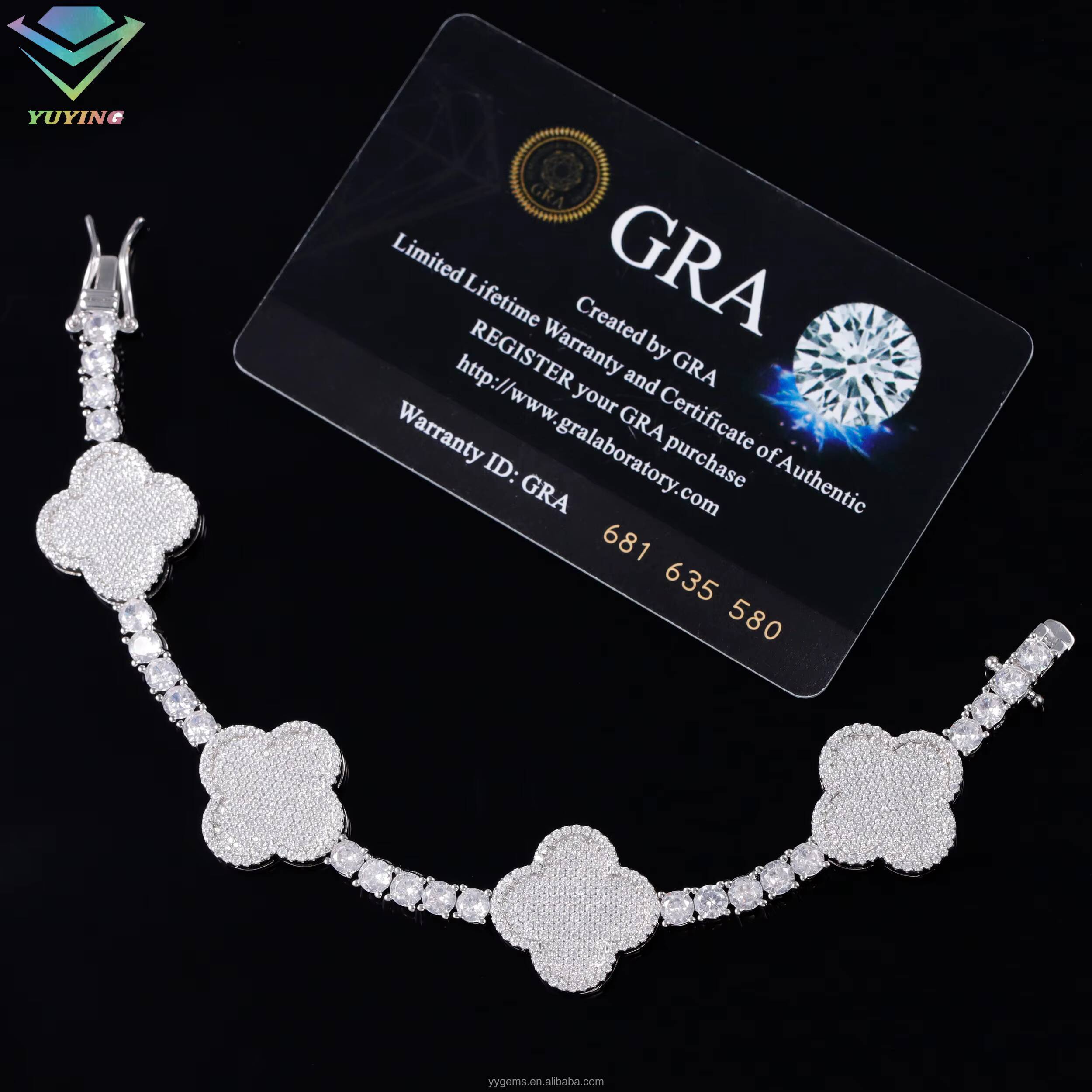 Fashion Four Leaf Gold Plated S925 Silver Mossanite Tennis Link Bracelet Clover Charms Tennis Chain Jewelry Bracelet