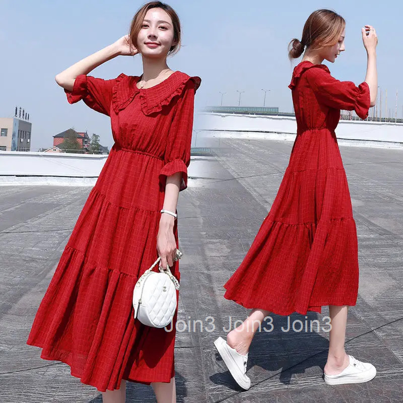 Midi Fashion Elegant Puff Sleeve Summer Light Dress Aesthetic Tunics Vintage Casual Korean Womens Dresses Chiffon Loose