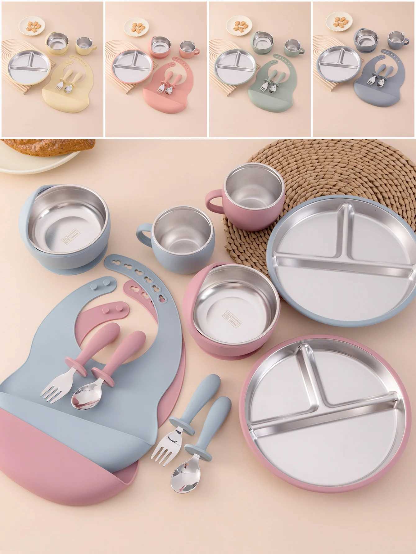 6PCS Stainless Steel Detachable Dishes Plate Baby Feeding Set BPA Free Silicone Bowl Cup Fork Spoon For Infant Training Gifts X250806