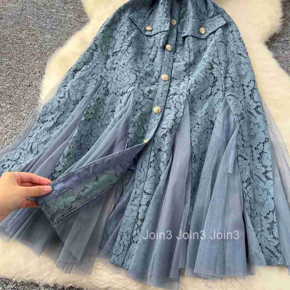 French v neck mesh PATCHWORK lace ruffle dress womens summer waist Single Breasted sweet dresses