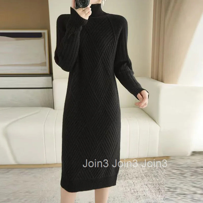 Abrini Autumn Winter Women Wool sweater Dress Mock Neck Ribbed Solid Knit Dresses Elegant Lady Party Bottoming Cashmere Vestidos