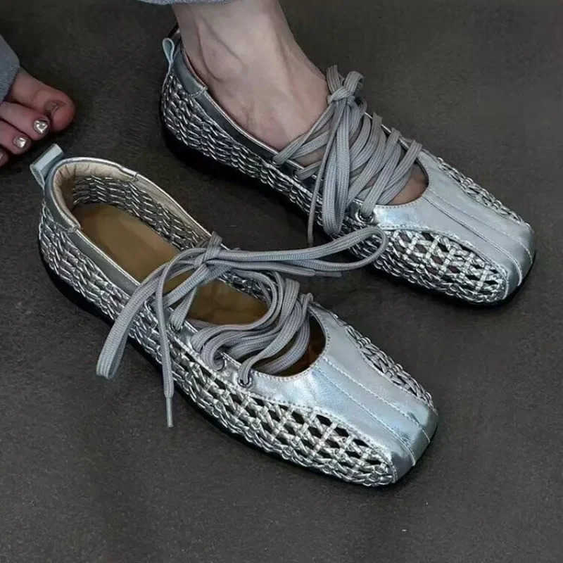 2025 New Mesh Flats Sandals Women Ballet Shoes Mary Janes Square Toe Hollow Loafers Shoes Summer Shallow Casual Sneakers M250806