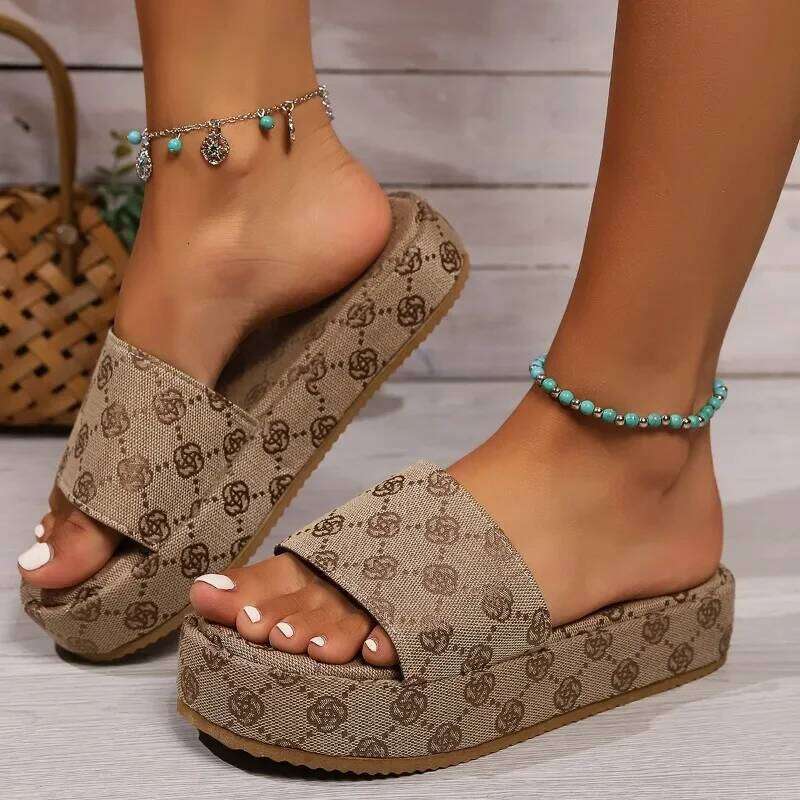 Summer New Round Toe Non-slip for Fashion Flower Khaki Flat Women Beach Sandals Slippers