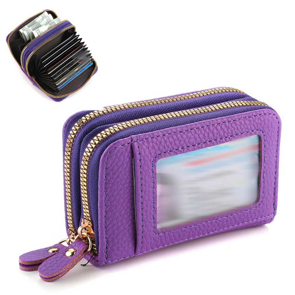 Womens Leather Holder Double Zipper with ID Window and Coin Purse - Securely Store and Organize Your Cards with Large CapacityXJ250806