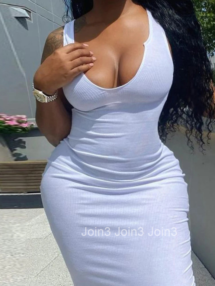 Sexy Deep U Neck Wrap Chest Slim Bodycon Dress Women Sleeveless Solid Color Skinny Dress Elegant Club Party Vestidos