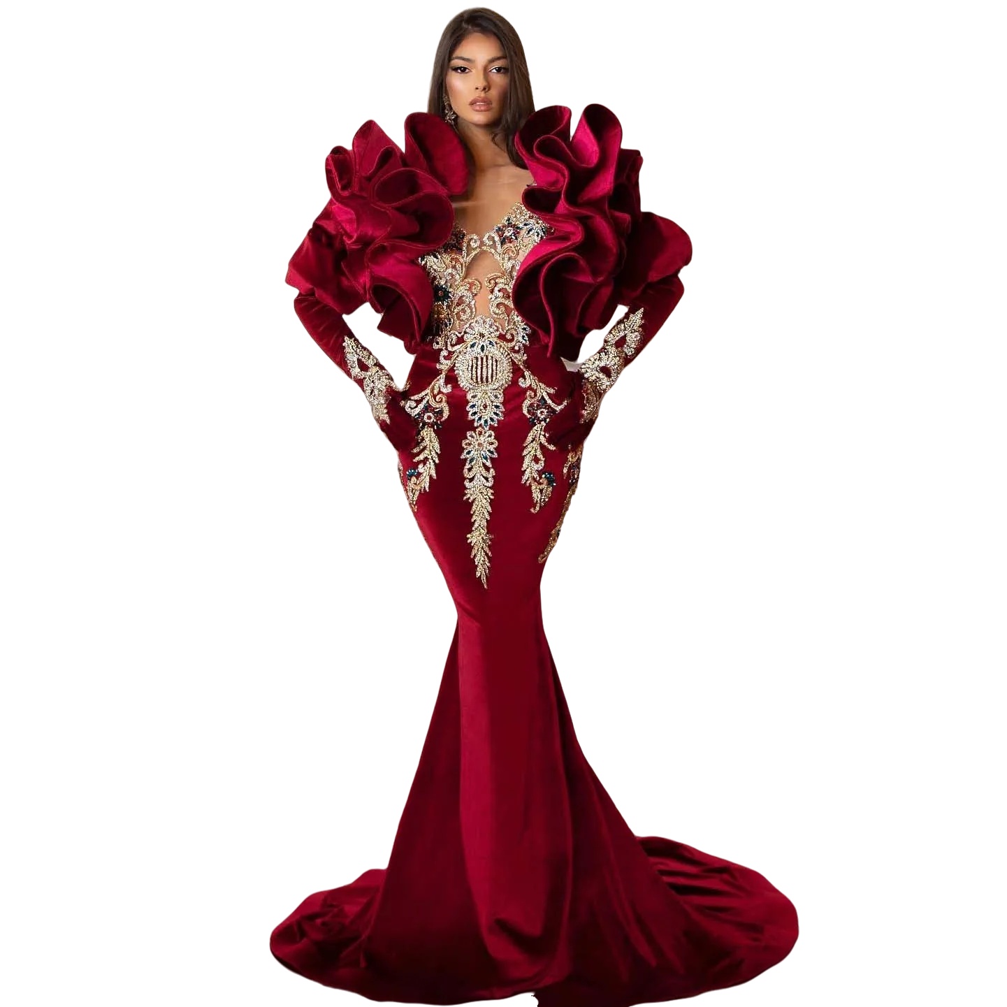 Luxury Prom Dress Mermaid Evening Dress Long-Sleeve Flower Neck Straps Sequins Appliques 3D Lace Prom Gowns Plus Size Customized vestido de novia