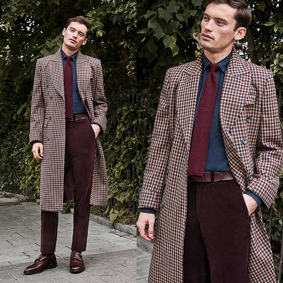 Plaid Men Woolen Overcoat Peaked Lapel Double Breasted Coat Slim Fit Business Winter Warm Coat Customized