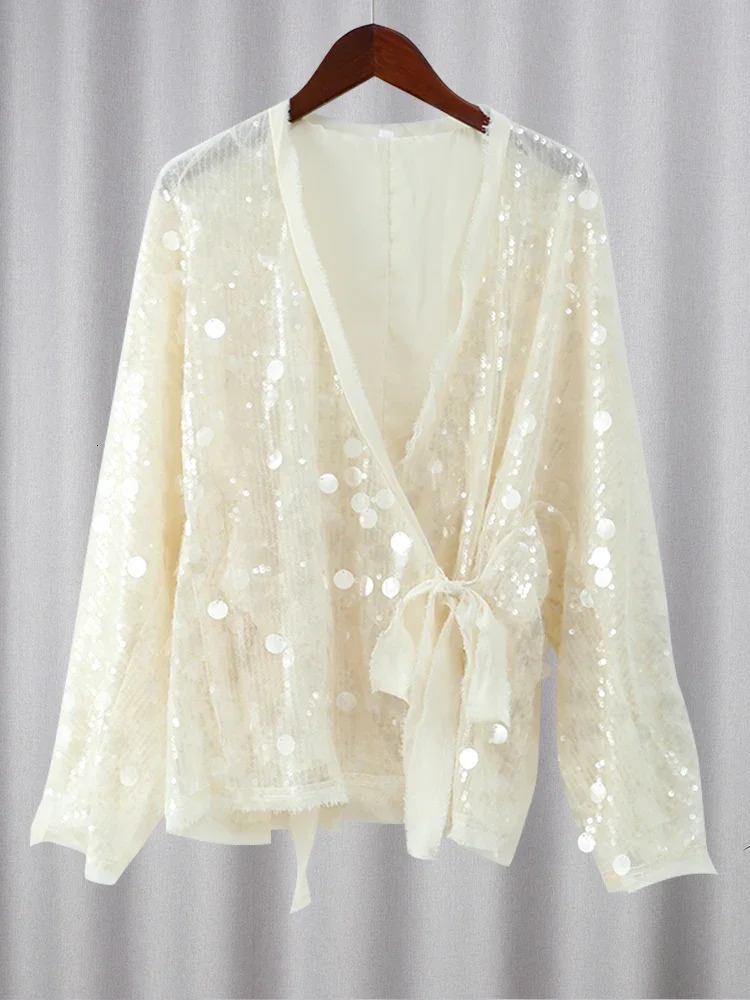 Elegant White Sequins Patchwork Lace-up Shirt For Women Long Sleeve V-neck Loose Short Coats Autumn Winter Street Partywear 250804