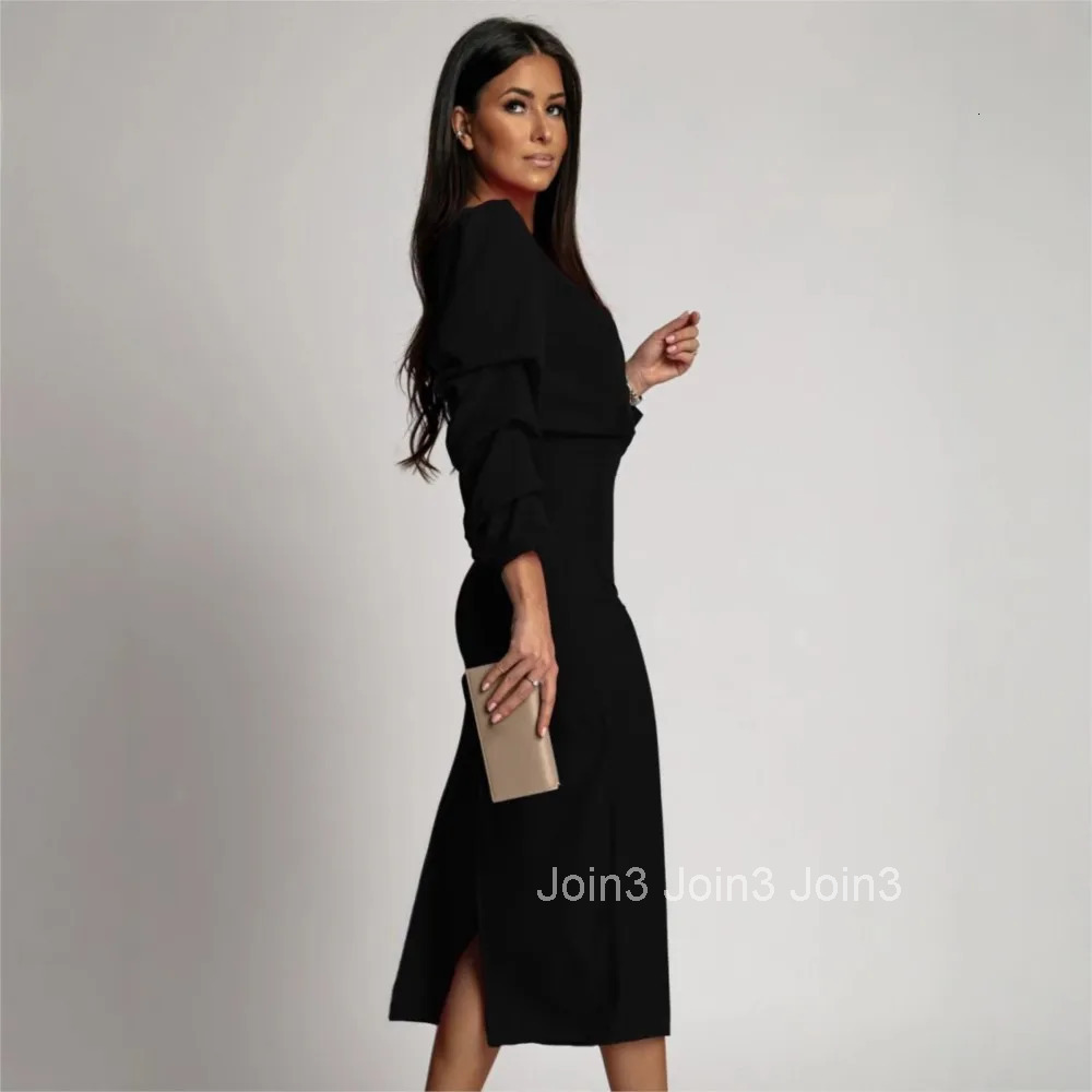New Spring Autumn Solid Color Long Sleeve Elegant V-neck Evening Dress For Women Black Split Pencil Dress Vestidos De Mujer
