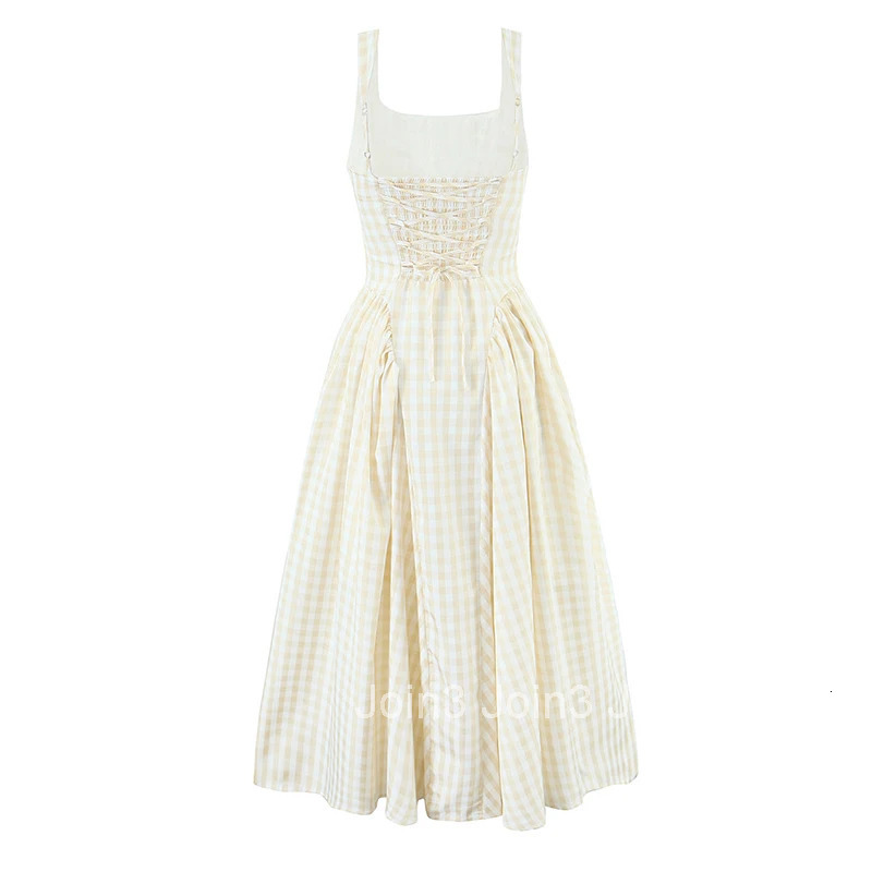 YENKYE Lace Up Bandage Plaid Sling Dress Women Elegant Square Neck Low Waist A-line Midi Summer Dresses Holiday Party Robe