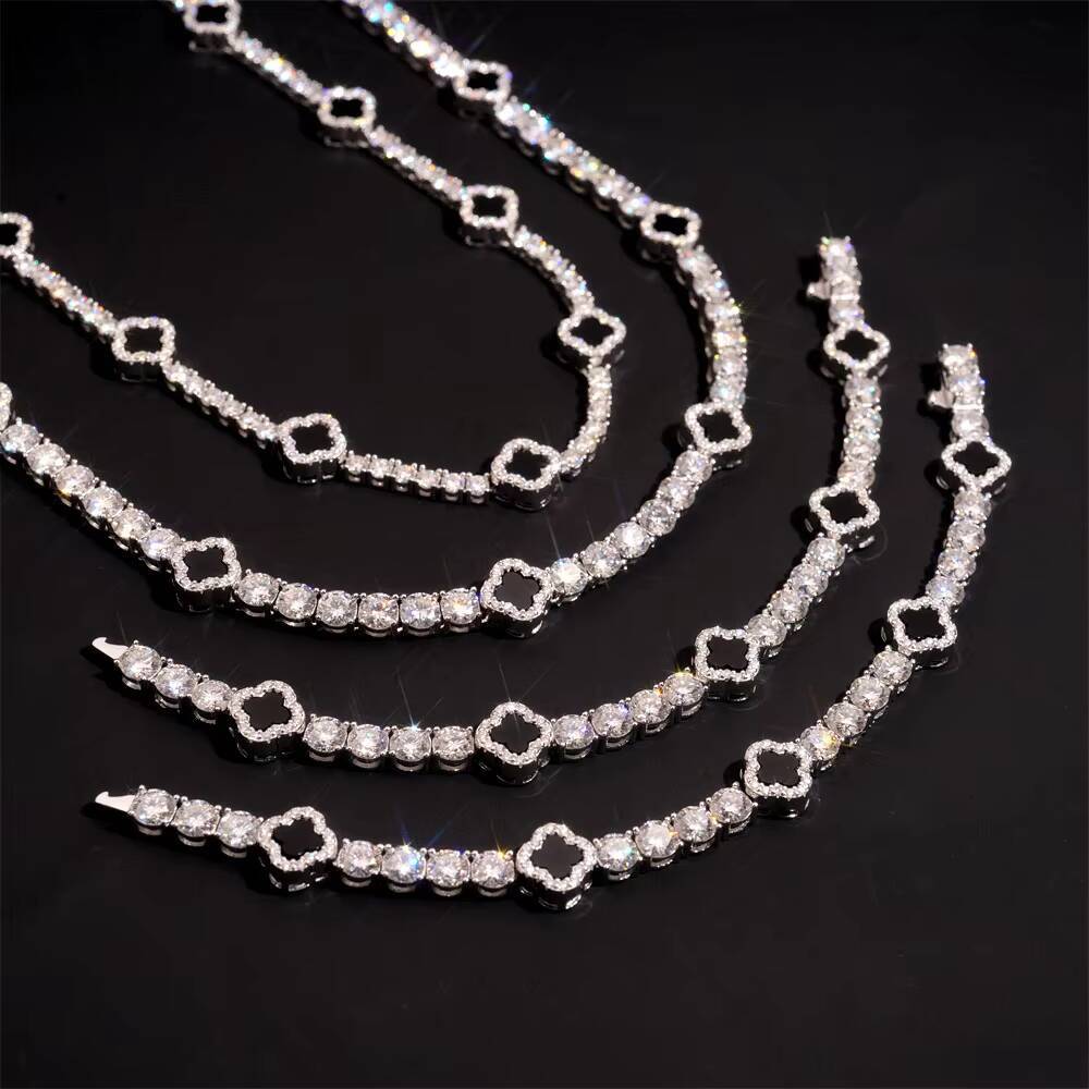 Ready Stocks 925 Solid Silver Tennis Chain 3mm Black Agate Clover Moissanite Necklace Bracelet Unique Moissanite Jewelry
