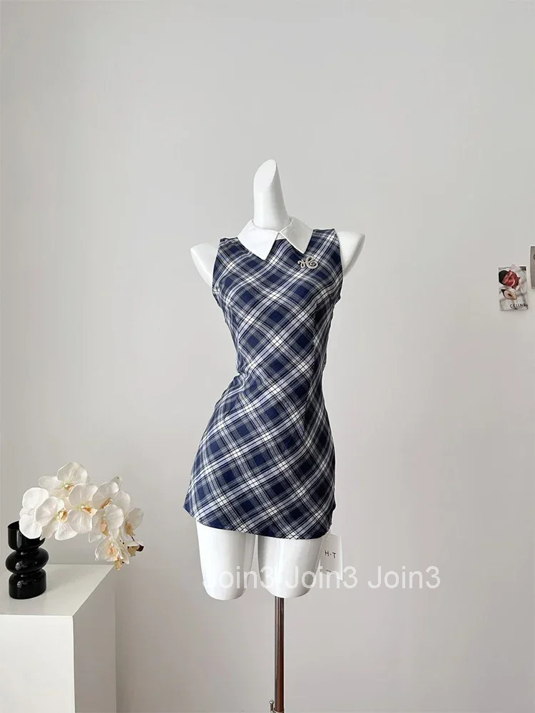 Summer Sweet Print Plaid Dress Women Elegant Sexy Sleeveless Strap Dress Female Korean Fashion Design Kawaii Lace Dress New