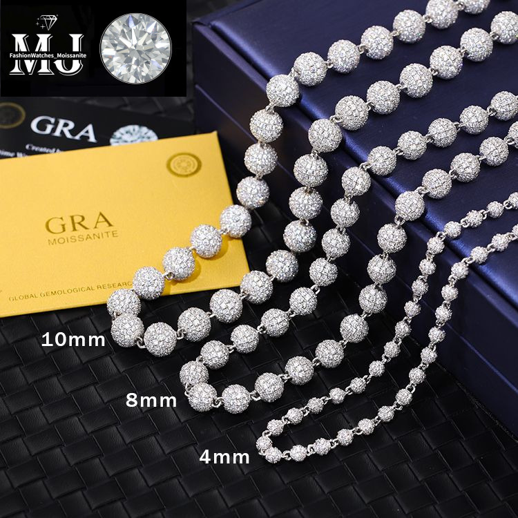Designer necklace Solid Sier 4mm 8mm 10mm Wide Vvs Round Moissanite Ball Shape Cuban k Chain for Hip Hop Jewelry