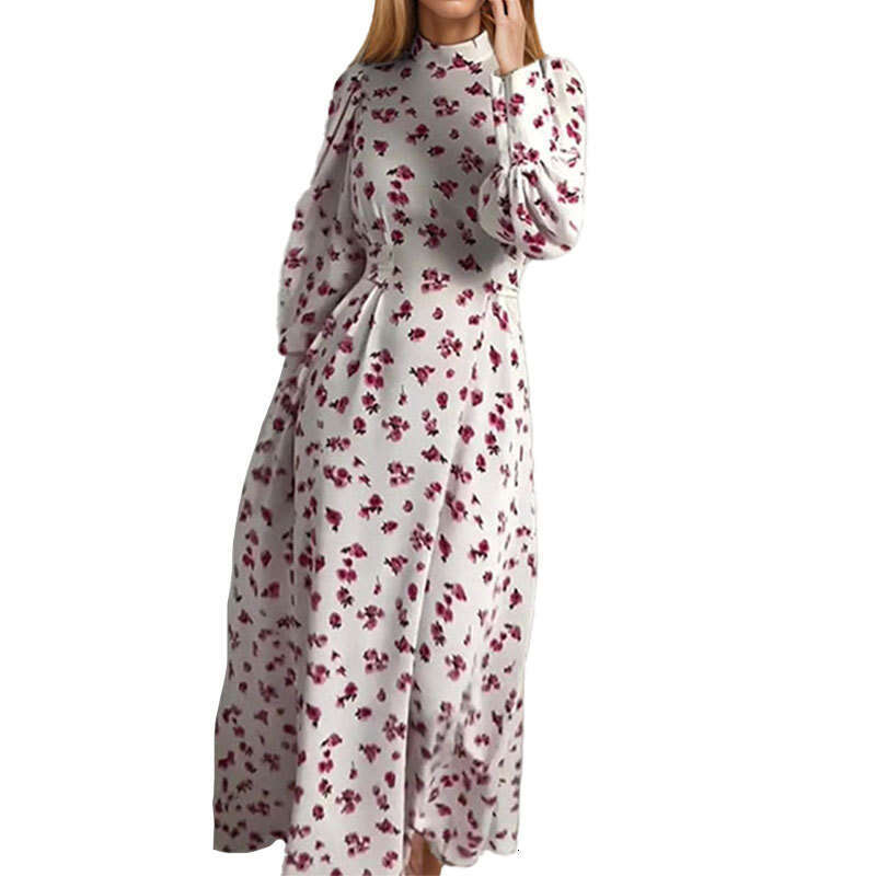 Women's Fashion Elegant Temperament Stand Collar Floral Lantern Sleeve Dress B5
