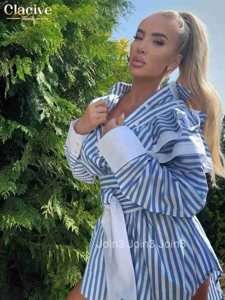 Clacive Fashion Loose Blue Stripe Womens Dress Elegant Lapel Long Sleeve Mini Dresses Casual Classic Lace-Up Female Dress