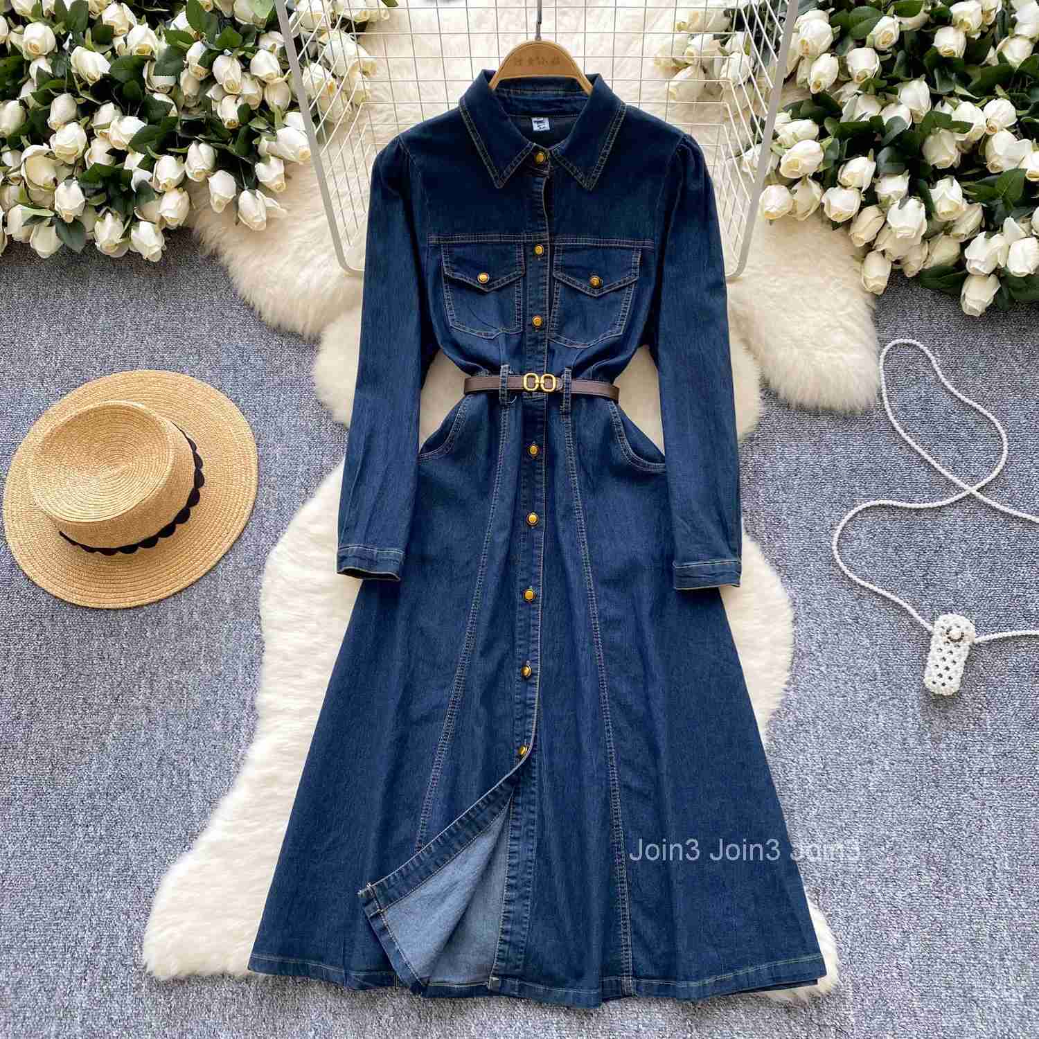 Elegant Polo-neck Vintage Long Sleeve Chic Single Breasted Slim Sashes Cowboy Dresses Korean Office High Street Autumn Clothing