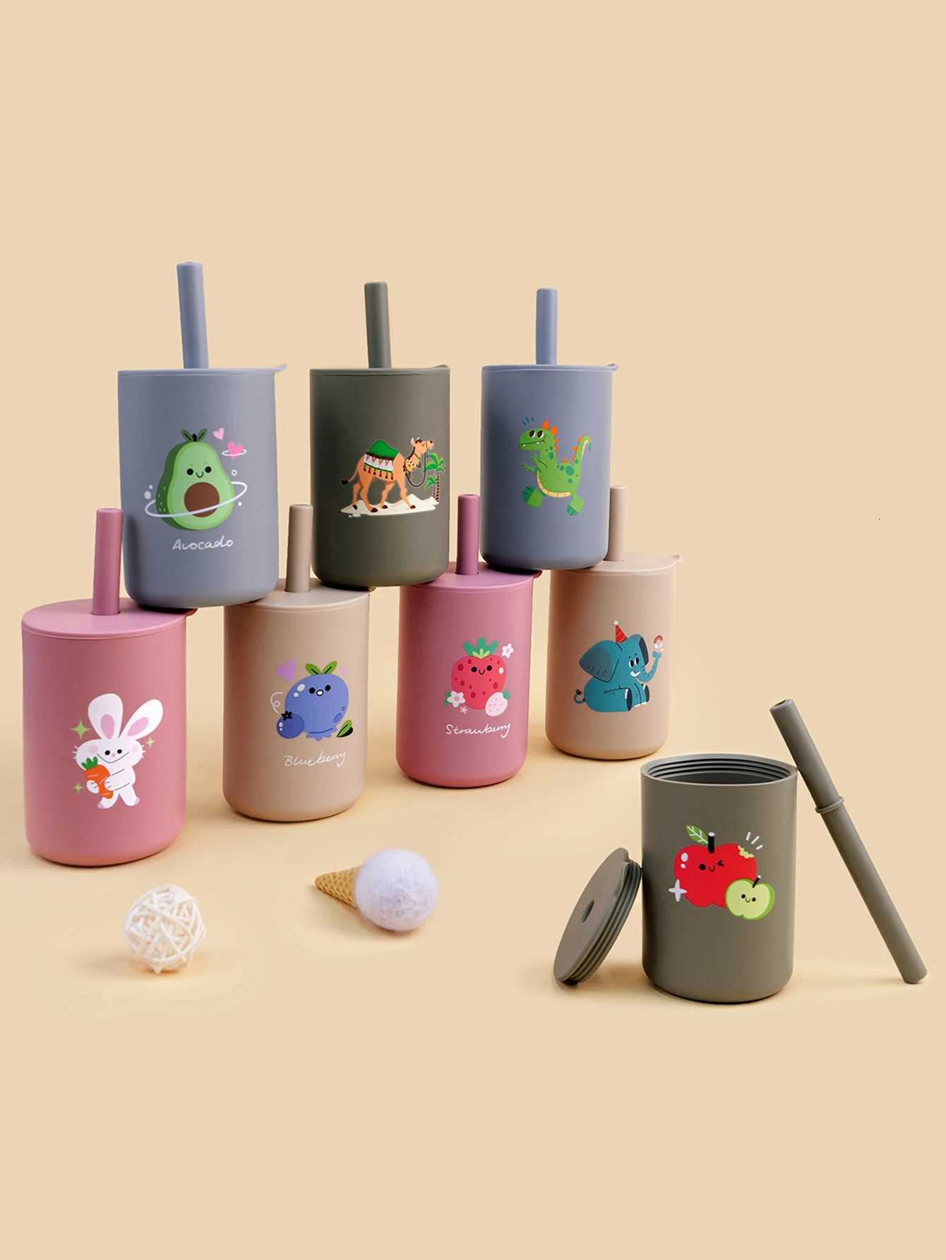 1Pc Baby Feeding Straw Cup Baby Cartoon Learning Feeding Cup Food Grade Silicone Toddler Water Bottle Tableware BPA Free X2508061
