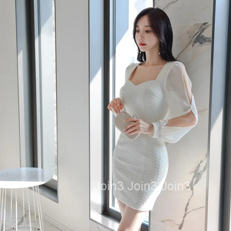 Spring Autumn Korean Style Sexy Chic Square Collar Slimming Short Skirt Dress with Chiffon Sleeves Bodycon Mini Dress