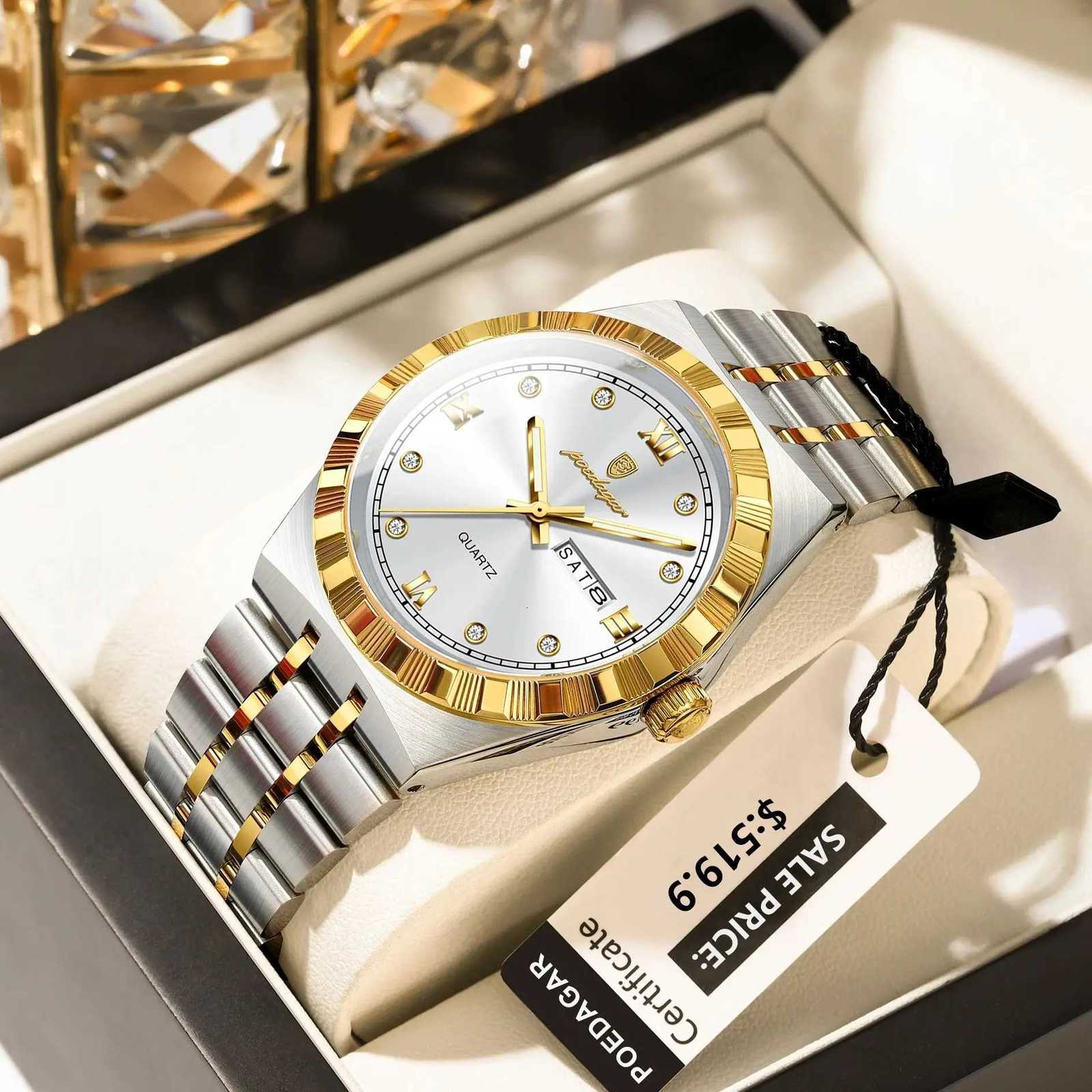 POEDAGAR Luxury Business Mens Waterproof Luminous Week Date Mens Wrist Stainless Steel Trend Quartz Watch for Men W250806