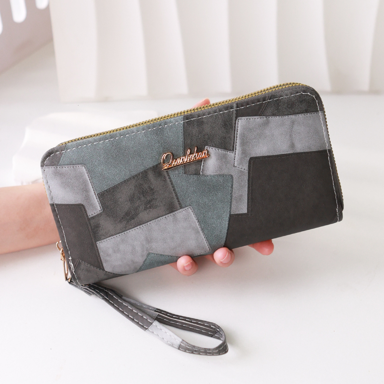 New Women's Leather Wallet Color Block Double Zipper Large Capacity Clutch Simple High-end Phone Bag