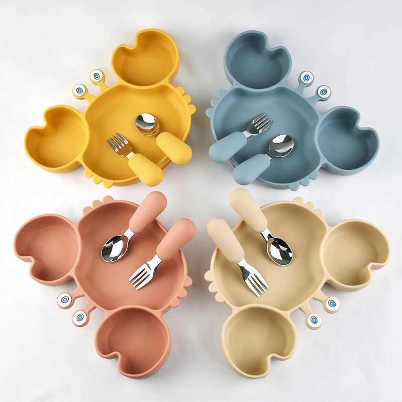 Baby Bowls Plates Fork Spoon Set Silicone Suction Feeding Food Tableware BPA Free Non-Slip Baby Dishes Crab Food Feeding Bowl X250806