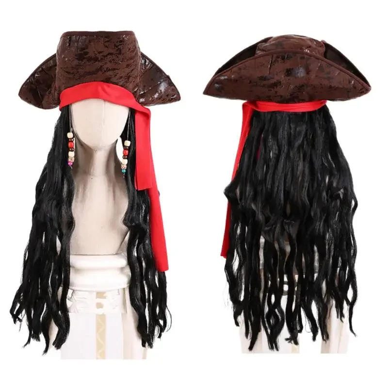Adult Mens Caribbean Pirate Hat Wig Halloween Stage Performance Pirate Captain Costume Wig Party Accessories Jack Sparrow Wig 250805