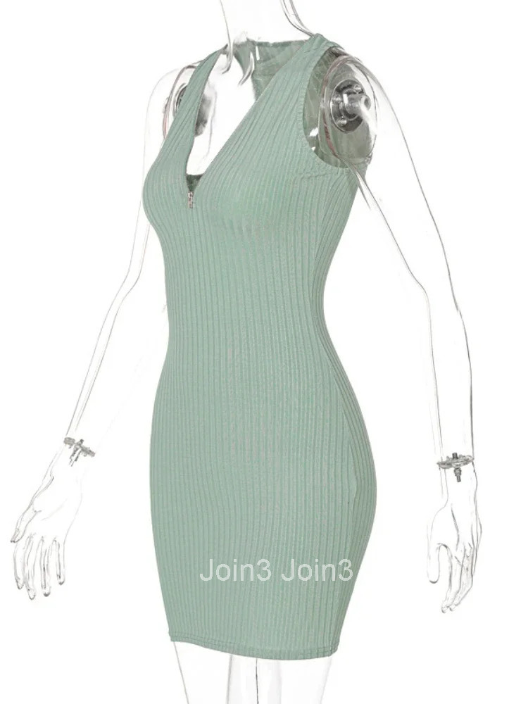 Sexy Zipper Deep V Neck Rib Knitting Bodycon Dress Women Sleeveless Solid Color Skinny Mini Dress Elegant Club Party Vestidos
