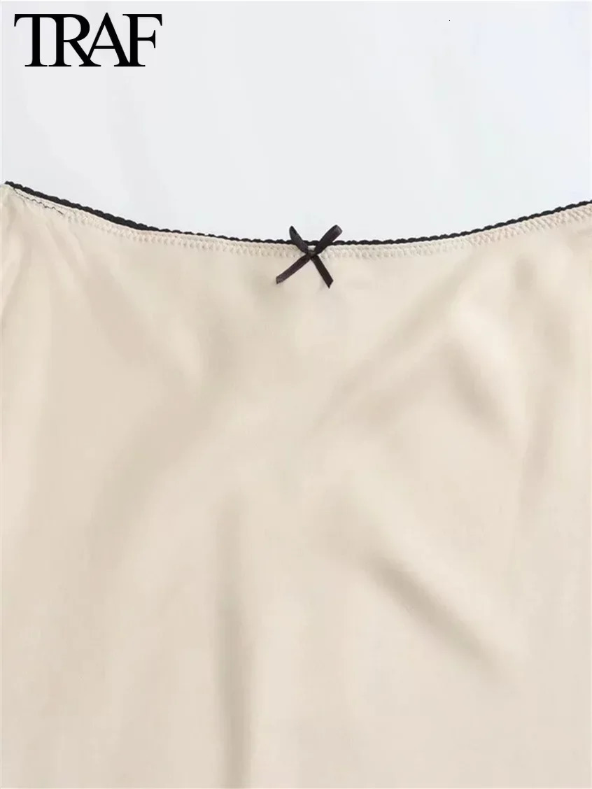 TRAF Women Fashion Spring Satin Texture Bow Decoration Vintage Chic Female High Waist H Line Long Skirts Mujer 250806