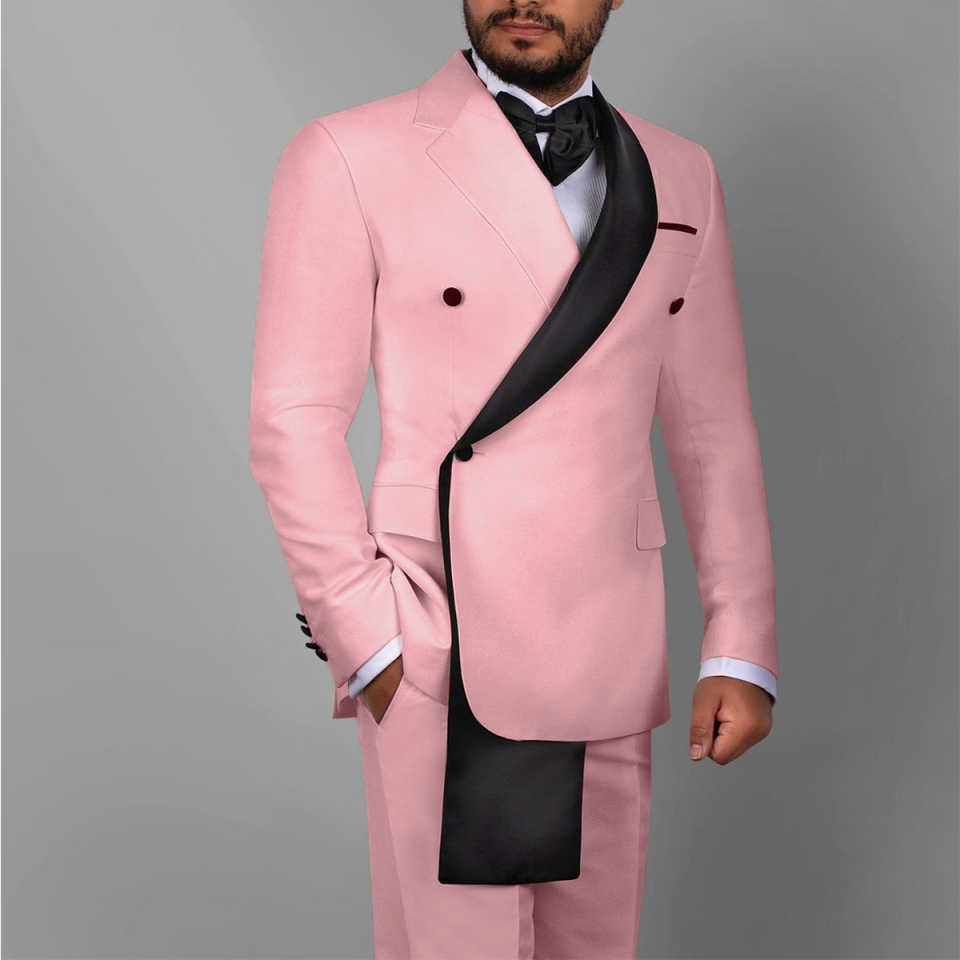 Men's Suit Groom Tuxedo Black Long Shawl Lapel Jacket Wedding Suits Customized Jacket Pants Groomsman Strap 2 Pieces Suit