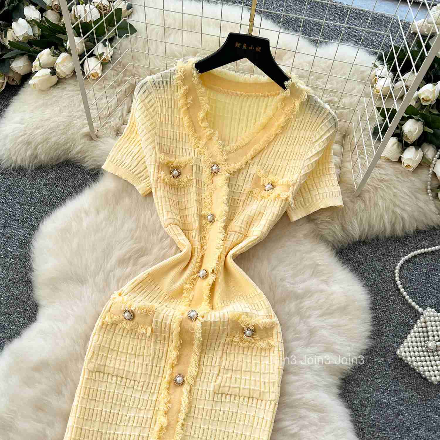 Womens Fashion V-Neck Button Knit Sweater Dress Summer Elegant Short Sleeve Solid Color Midi Casual Sheath Dress Yellow