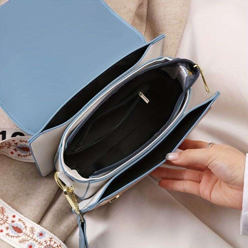 Simple Embroidered Square Stylish Colorblock Shoulder Bag, Women's All-Match Crossbody Bag With Wide Strap
