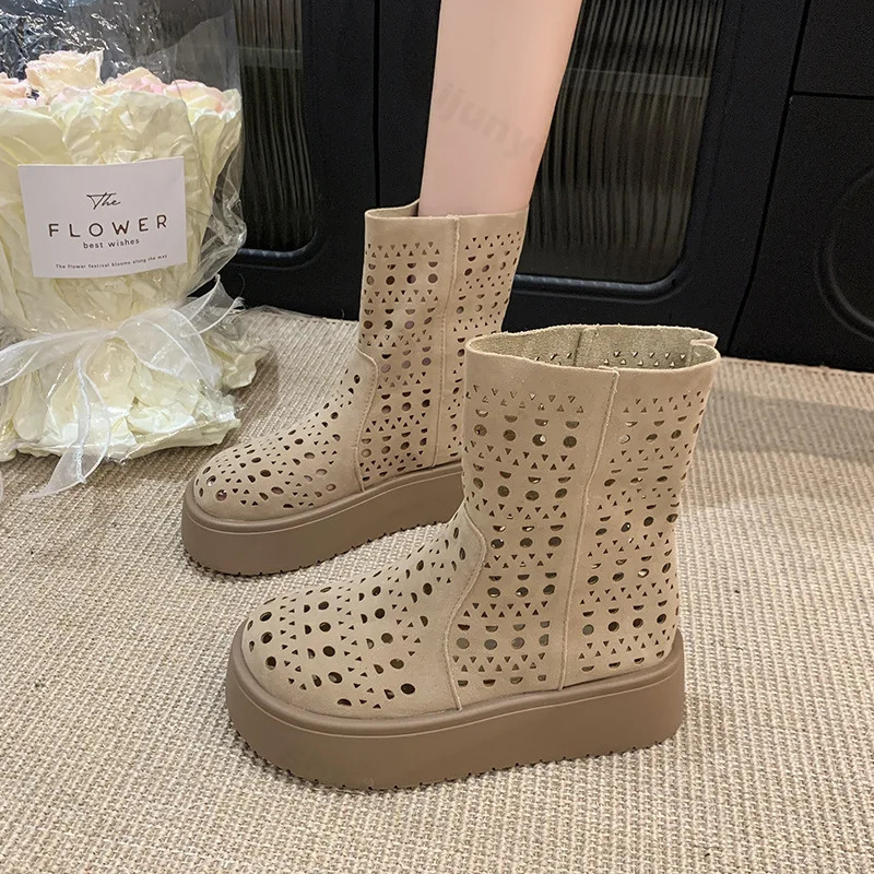 Women Short Boots 2025 Summer Suede Vintage Hollow Out Women Ankle Boots Anti-slip Fashion Breathable Platform Female Boots 250805